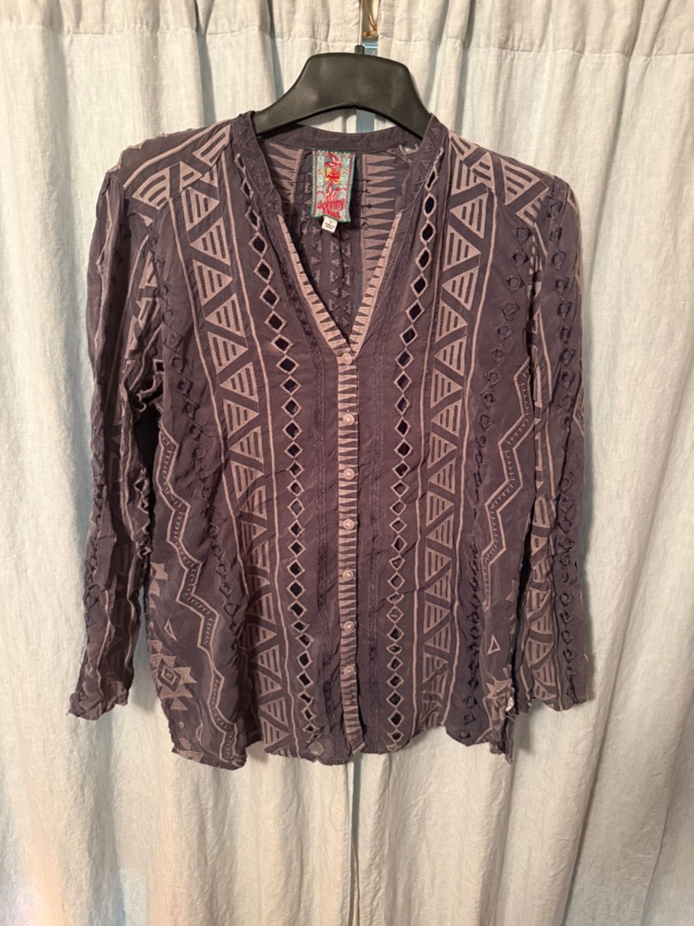 Johnny Was Purple Geometric Cutwork Button-Front Blouse
